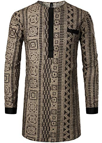 LucMatton Men's African Traditional Pattern Printed Hidden Button Long Sleeve Dashiki Shirt with Pocket Brown Large