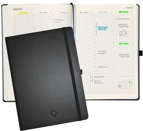 Smartsquare Wochenkalender 2022 Vertikal, Made in Italy, 12 Monate Wochenplaner, fester Einband, Format 17x24 cm, Farbe Schwarz, Seiten 192