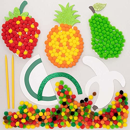 Baker Ross FE478 Fruit Craft Pom Pom Art Kit - Pack of 5, Self Adhesive Card with Coloured PomPoms Crafts