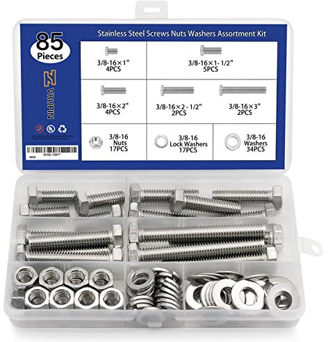 85 Stück 304 Sechskantschrauben, Muttern, flache Federscheiben-Set (3/8-16 (85 Stück)
