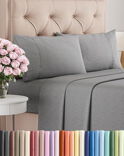 Queen Size 4 Piece Sheet Set - Comfy Breathable & Cooling Sheets - Hotel Luxury Bed Sheets for Women & Men - Deep Pockets, Easy-Fit, Soft & Wrinkle Free Sheets - Heathered Grey Oeko-Tex Bed Sheet Set