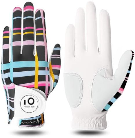 FINGER TEN Golfhandschuhe Damen Leder Links Rechts Hand Golfhandschuh Golf Handschuhe mit Ball Marker Wert 1 Stück Handschuh, Rain Grip Griff Linke Rechte Golfer (Farbraster, M, Links)