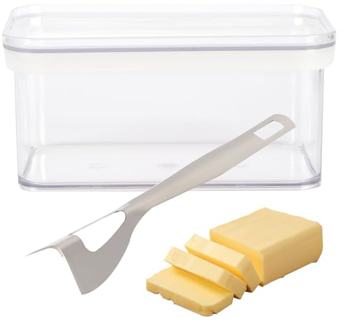 transparente Mantequera para nevera, Recipiente de mantequilla cubierto con cuchillo de acero inoxidable, Mantequera de rectangular, de Plástico Reutilizable para cocina (900ML)