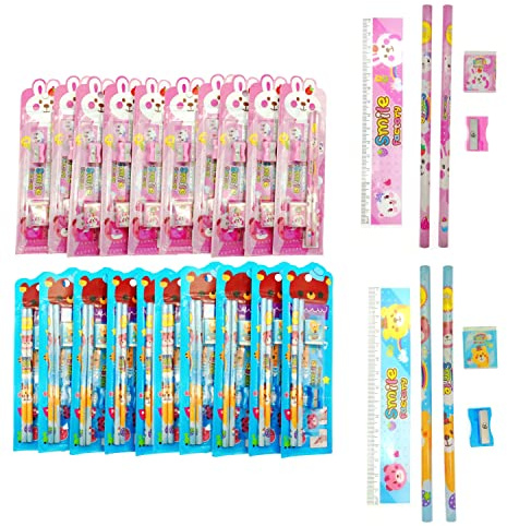 JZK 20 Sets Kinderstifte mit Radiergummi Lineal Anspitzer-Set für Kinder, Kinderpartys, Gastgeschenke, Partytütenfüller, Geburtstagsgeschenk für Jungen und Mädchen