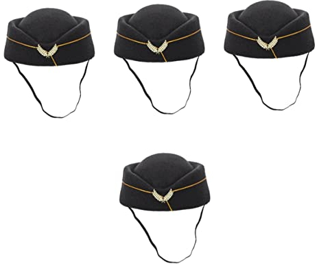 NUOBESTY 4pcs Stewardess-Hut Stewardess Hut schwarz Airline Hostessen Baskenmütze Cosplay Kostüm Woolen Flight Attendant Hut Schwarzes Band Nachahmung Hut für Urlaubs-Cosplay-Party