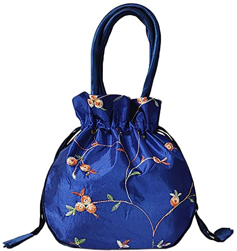 SINSEN Small Drawstring Pouch Gift Bag for Present, Satin Embroidered Potli Bag Clutches Handbag, Brocade Ethnic Jewellery Coin Purses for New Year Birthday Wedding Party Valentine (Blue01)