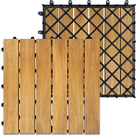 SUBTLETY 1m² Akazienholz Terrassenfliesen 11 Stück Holzfliesen Set 30x30cm Balkonfliesen Klickfliesen mit Drainage Gitter Gartenfliesen Holz Deck Fliesen für Garten Terrasse Balkon Teich (Type A)