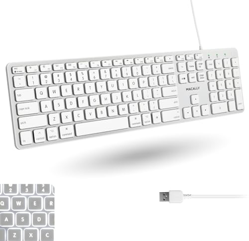 Macally Tastiera retroilluminata per Mac con cavo, silenziosa, elegante e compatibile, con LED bianchi, 3 livelli di luminosità, 107 tasti, 16 scorciatoie, tastiera retroilluminata con cavo per Mac,