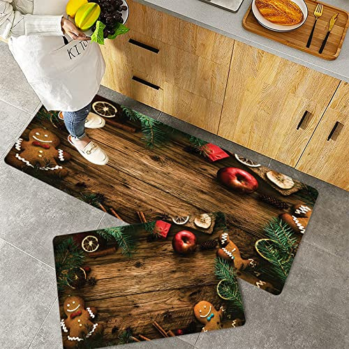 Küchenteppich Teppich Läufer Küchenläufer 2 Stück rutschfest,Weihnachten ations Sammlung, Lebkuchenmann Geschenkbox Bild Kiefer Zimt Dessert auf rustik, Waschbar für Flur Küche 40 x 100 cm+40 x 60 cm
