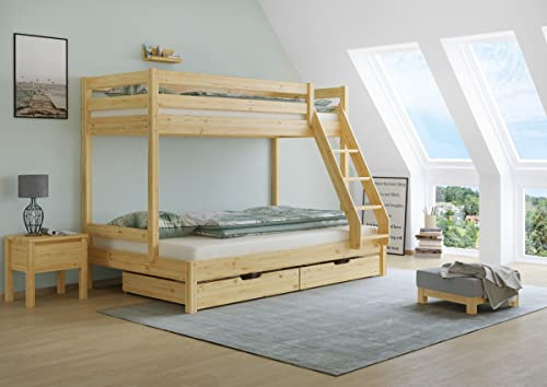 Erst-Holz®Doppel-Etagenbett 120x200 und 80x200 Erwachsenen-Stockbett Kiefer Massivholz Natur V-60.18-08-12Rollrost und Doppelbettkasten inkl.