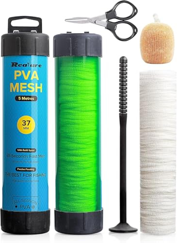 Realure Kit de Malla PVA De 5 m con Tijeras, 37 mm de Ancho, Accesorios de Pesca de Carpas con Embudo y Sistema de émbolo, Cebo, Alimentación