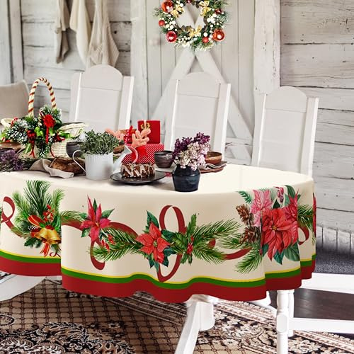 Yighty Tovaglia natalizia ovale, 152 x 250 cm, con stella di Natale, agrifoglio e pigne, in poliestere, impermeabile, resistente alle pieghe, durevole, per vacanze, cucina, inverno e decorazione della