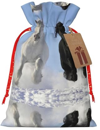 Geschenktasche mit Kordelzug, Motiv: Pferde, Schwarz und Weiß, künstlerische Weihnachts-Geschenktasche, entzückender Jutebeutel für alle Anlässe