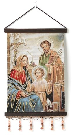 HZMAN Heilige Familie Jesus Maria Joseph Malerei Retro Handgefertigte Weben Wandkunst Dekor Ästhetisches Bild für Wohnzimmer Schlafzimmer Holz eingerahmt 17x12 Zoll | Holzrahmen aus natürlicher Eiche, mit Leinwanddruck, Vintage-Wanddekoration für Wohnzimmer, Schlafzimmer