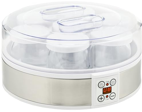 HOMCOM Yogurtiera 20W da 1.5L con 7 Vasetti e Display con Pulsanti, Macchinario per Yogurt in Acciaio Inox e Plastica, 24x24x13 cm, Bianca