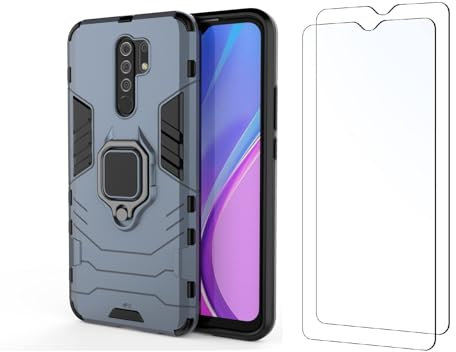 Max Power Digital Funda y 2 Cristal Templado para móvil Xiaomi Redmi 9 Carcasa Magnética con 2 Piezas Protectores Anillo Imán Antigolpes Resistente Rígida Dura (Xiaomi Redmi 9, Azul Marino)