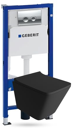 Lavita Duofix Basic Vorwandelement + Wand Tiefspül WC Lago Schwarz Spülrandlos + WC Sitz+ Bedienplatte Delta 25 Verchromt Knopf Komplettset Unterputz Spülkasten Toilette Komplett Sett WC