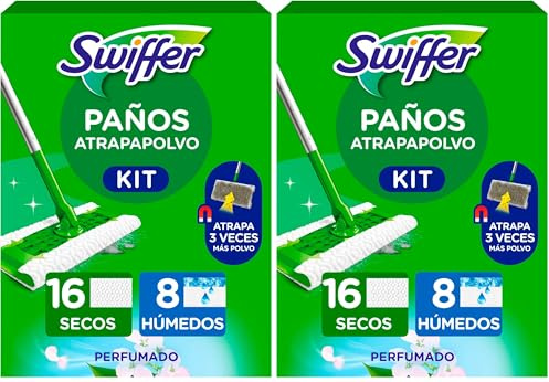 Swiffer Mopa Limpiador En Seco Y Húmedo Kit Básico para Limpiar Madera Y Suelos, con: 1 Mopa, 16 Paños Secos, 3 Paños Húmedos (Paquete de 2)