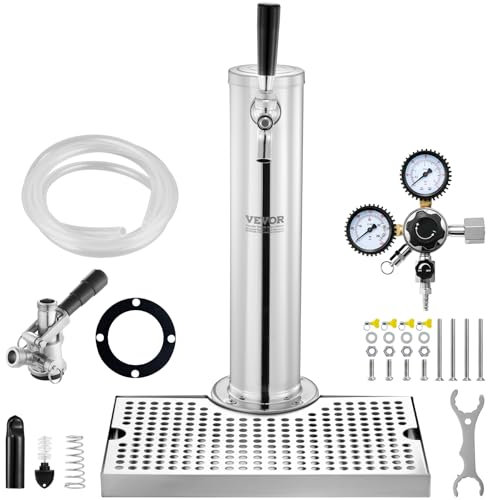 VEVOR Kegerator Tower Kit, Single Tap Beer Conversion Kit, Stainless Steel Keg Beer Tower Dispenser with Dual Gauge CGA320 Regulator & D-System Keg Coupler, Beer Drip Tray for Party Home