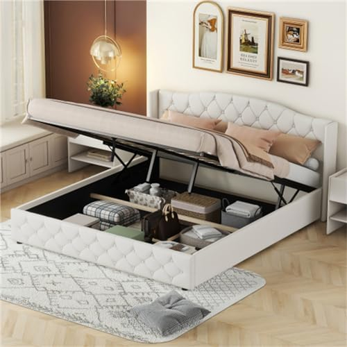 180 X 200 cm Großes Multifunktionales Plattformbett Mit Hydraulischem Stauraum, Gepolstert Mit Baumwolle Und Leinen, Mit Verstellbarem Kopfteil Und Bettbrett, Für Schlafzimmer(Color:Beige)
