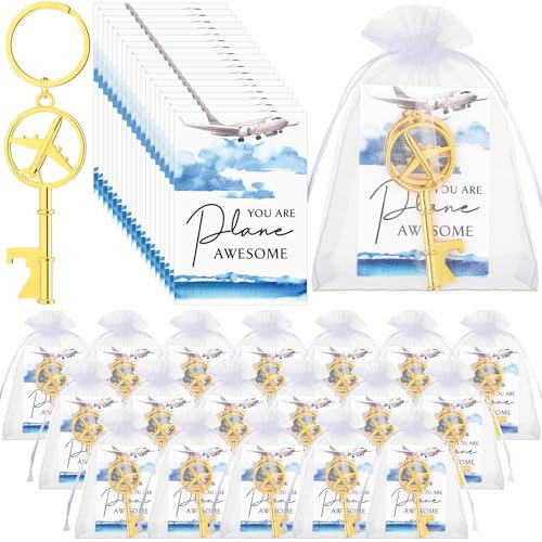 Landical 18 juegos de llaveros con abrebotellas de avión con tarjetas inspiradoras para viajes, aventuras, fiestas, regalos, Oro, about 2.95 inches
