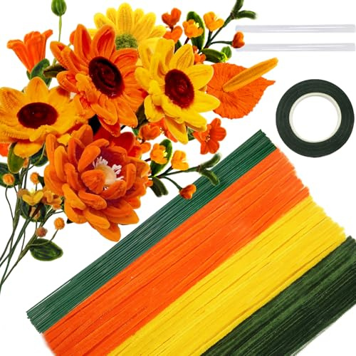 TOAOB 200 Stück Orange Gold Grasgrün Pfeifenputzer Bunt Set mit Blumendraht und Blumenband Chenille Stems Pipecleaners für Sonnenblume Bastelprojekte und Dekorationen