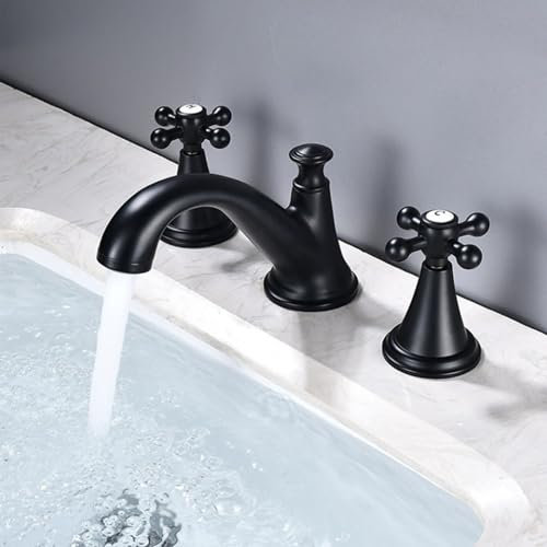 3-Loch-Waschtischmischer mit Kreuzgriff, Warm- und Kaltwasserhahn, 3-Loch-Wasserhahn aus Messing, Schwarz
