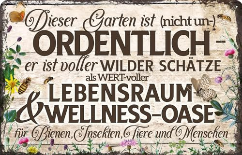 LUCKYLINDE - Wetterfestes Blechschild, Gartenschild – Dieser Garten ist nicht unordentlich, es ist eine Wellnessoase für Bienen – lustiger Spruch, 20 x 30 cm