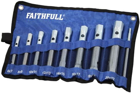 Faithfull Set di chiavi a tubo doppie 8 pezzi, 16 misure (6-22 mm) con leva di serraggio e rotolo portaoggetti per meccanici, idraulici e riparazioni auto