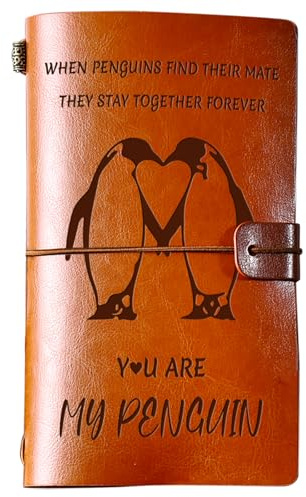 PRSENTLY Gifts for Her & Him, 144 Pages Leather Travel Journal Diary Penguin Gifts for Boyfriend Girlfriend Husband Wife on Wedding Anniversary Birthday Christmas Valentine's Day