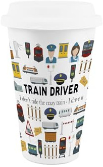 Purely Home Train Driver Ceramic Travel Mug - Novelty Train Operator Gifts/Presents - Reusable Silicone Lid Double-Walled Insulated Drinks Flask Cup