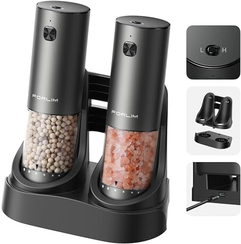 FORLIM 2-Speed ​​Electric Salt And Pepper Grinder Set, External Rotation To Adjust Coarseness, Electric Salt and Pepper Shaker With Charing Base, One-Button Automatic Grinding, Washable Container