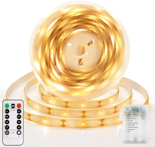 Vomkela Led Streifen Batterie 3 Meter,8 Modi Led Streifen Selbstklebend,90 Led Strip mit Fernbedienung Timer für Zimmer,Wohnzimmer,Bar,Party (Warm White, 5M)
