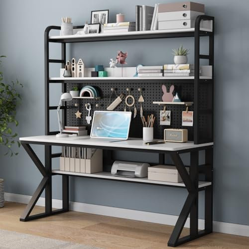 Computertisch aus Massivholz mit Ablageflächen, Stecktafel und modernem Design, großer Arbeitszimmertisch für Heimbüro, 109,2 x 175,3 x 60,9 cm, Weiß und Schwarz