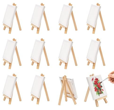 Taakige 12 Mini Staffelei, Mini Leinwand 10 x 10 cm,Mini-Staffeleien mit Leinwand,faltbarer dreieckiger Ständer,handbemalte DIY Kreationstafel,Zum Zeichnen,Display Fotos, Poster Foto Memo,Malhandwerk