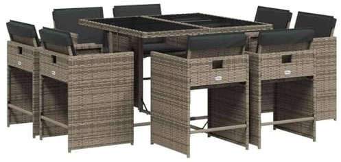 vidaXL Garten Essgruppe 9-TLG., Gartenmöbel Set Tisch mit Glasplatte 8 Stühle, Gartengarnitur mit Kissen, Sitzgruppe Terrasse, Grau Poly Rattan