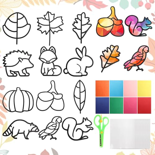 TPVUPC 12 Stück Herbst Basteln Kinder, Herbst Tier Bastelset Kinder Ahornblätter, Herbsttiere zum Basteln Herbst, Tiere und Pilze Herbstdeko Fensterbilder für Innen und Außen, DIY Herbst Fensterbild