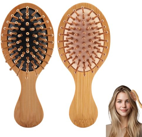 2 Pack Mini Hair Brush for Women - Small Wooden Bamboo Travel Hairbrush - Portable Pocket Size Hairbrush for Handbag - Detangling Paddle Brush for Travel and Daily Use (Brown)