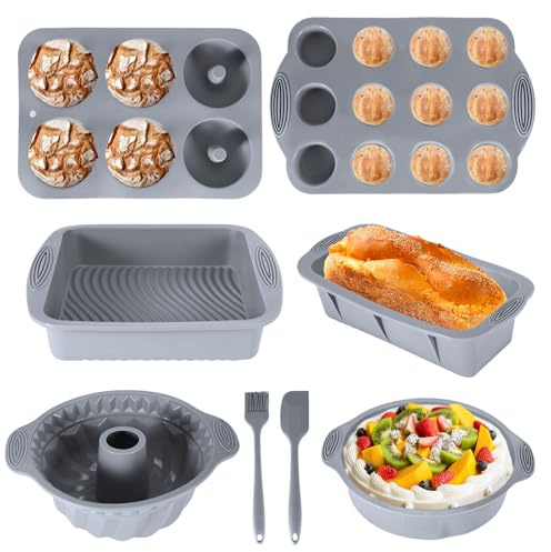 Silikon Backformen Antihaft 8 Stück Kuchenform Set für Brot Cake | Brotbackform Muffinform Backform mit Teigschaber und Backpinsel für Backen Toast Kuchen Cupcake Muffin