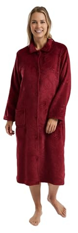 INSIGNIA Ladies Embossed Fleece Dressing Gown with Buttons Warm Soft Housecoat Easy Fasten Nightwear (UK, Alpha, M, Regular, Regular, Claret)