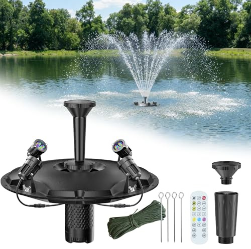 POPOSOAP Kit Complet Fontaine Flottante de Bassin & Aérateur avec Lumières LED, Pompe 4600 L/h, Câble 9 m, 3 Types de Jets pour Bassins, Plans d’Eau et Jardins Aquatiques