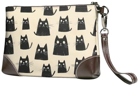 Petit sac à main pour femme – Portefeuille portable en cuir imprimé chats mignons avec dragonne et dragonne