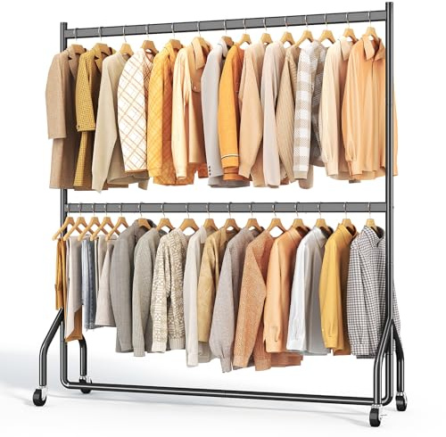 Hokeeper Doppel-Kleiderständer auf Rollen | Kleiderstange, Garderobe, Schwerlast, Metall, 4 Rollen, 2 feststellbar, einfache Montage, langlebig