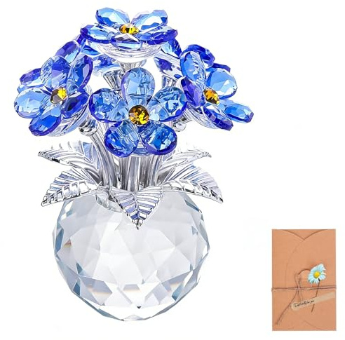 Xieesae Forget Me Not Crystal Flower Ornament, Faceted Glass Floral Figurine with Greeting Card, Everlasting Artificial Flower Keepsake Home Decor, Birthday for Women, Mum, Wife, Teacher