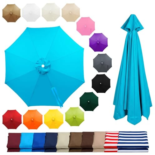 Toile de Rechange Imperméable pour Parasol 8 Baleines, Protection UV, Housse de Rechange pour Parasol de Jardin Exterieur, 2m 2.7m 3.0m 4.0m, Auvent pour Terrasse Plage(Light blue,2.15m/7ft)