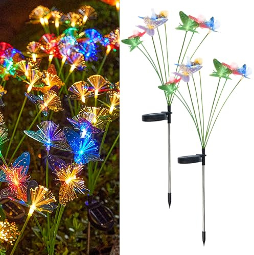 JIMACRO 2 Piezas Impermeables Mariposa Lámparas Solar, 2 Modos Luces Solares Oscilantes, Luciérnagas Luces Solares LED Exterior Jardin para Macizos de Flores (color, Mariposas)