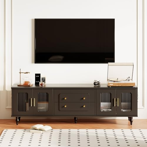 Su & Chan Legence Retro Lowboard TV Möbel mit Glastür und Kommode, Sideboard Wohnzimmer, viel Stauraum, Goldene Griffe, 175 x 38 x 55,5 cm, Schwarz