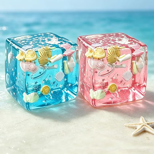 2 Stück Squishy Cube Stresswürfel, 5.5CM Cube Squishy Ozean Muscheln Eiswürfel Fidget Toys, Relief Sensory Sensorik Stressball, Anti Stress Sensorik Geschenke Spielzeug für Kinder & Erwachsene