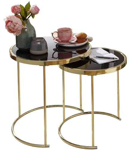 Wohnling Satztisch Como 2er Set Glas Metall Schwarz Gold | 2 Beistelltische mit Glasplatte, Couchtische mit stabilem Metallgestell, Wohnzimmertische klein, platzsparend