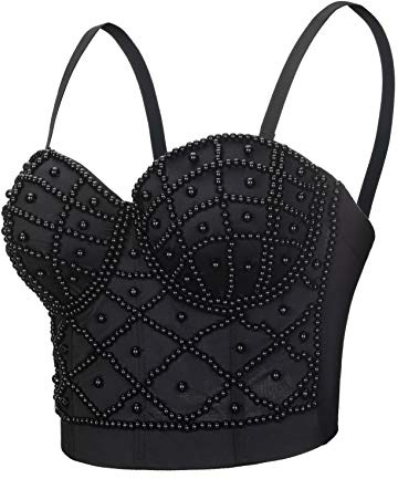 Woboren Damen Strass Push Up Bustier Crop Top Gothic Punk Korsett Clubwear Party BH